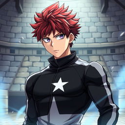 An artwork inspired by the MHA (My Hero Academia) art style featuring a male character with shaggy crimson hair and captivating amethyst eyes