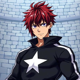 An artwork inspired by the MHA (My Hero Academia) art style featuring a male character with shaggy crimson hair and captivating amethyst eyes