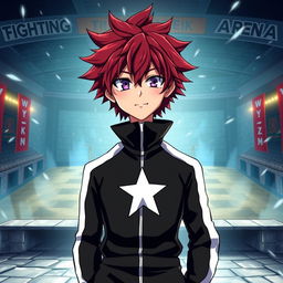 An artwork inspired by the MHA (My Hero Academia) art style featuring a male character with shaggy crimson hair and striking amethyst eyes