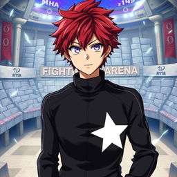 An artwork inspired by the MHA (My Hero Academia) art style featuring a male character with shaggy crimson hair and striking amethyst eyes