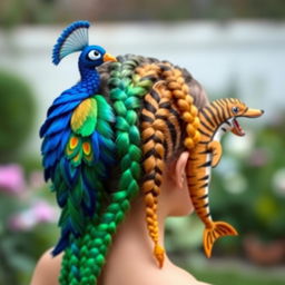 A stunning hairstyle that features intricate hair braids styled to resemble various animals