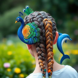 A stunning hairstyle that features intricate hair braids styled to resemble various animals