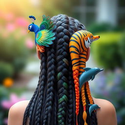 A stunning hairstyle that features intricate hair braids styled to resemble various animals