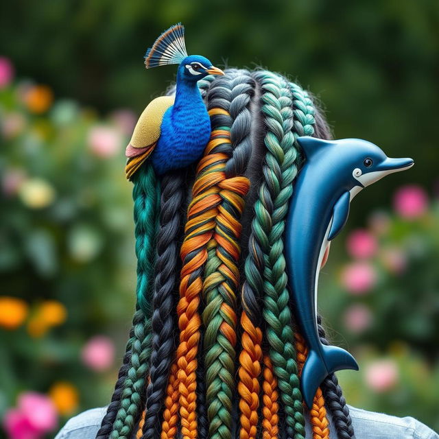 A stunning hairstyle that features intricate hair braids styled to resemble various animals