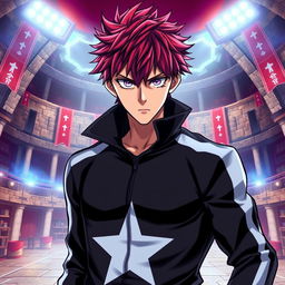 An artwork inspired by the MHA (My Hero Academia) art style featuring a male character with shaggy crimson hair and mesmerizing amethyst eyes
