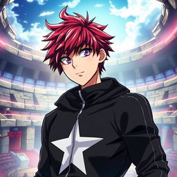 An artwork inspired by the MHA (My Hero Academia) art style featuring a male character with shaggy crimson hair and mesmerizing amethyst eyes