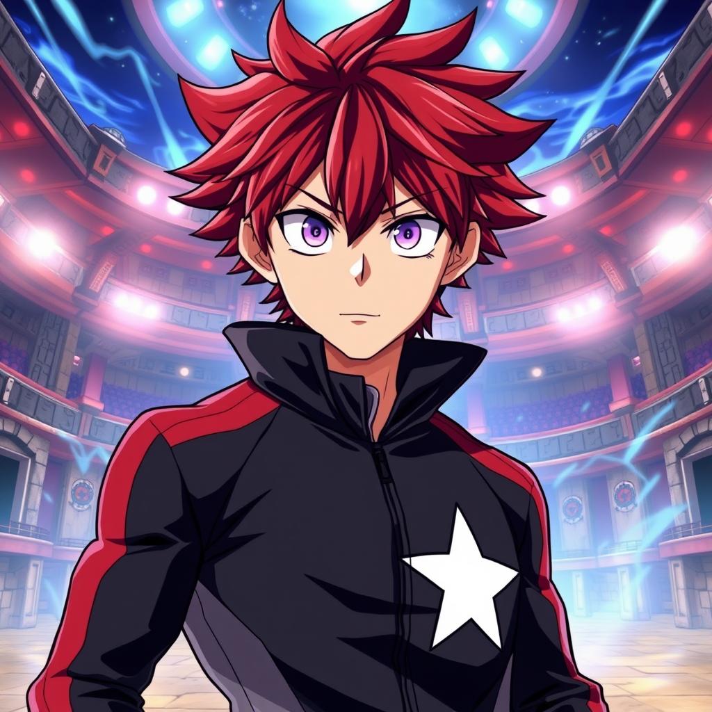 An artwork inspired by the MHA (My Hero Academia) art style featuring a male character with shaggy crimson hair and mesmerizing amethyst eyes