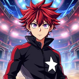 An artwork inspired by the MHA (My Hero Academia) art style featuring a male character with shaggy crimson hair and mesmerizing amethyst eyes