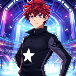 An artwork inspired by the MHA (My Hero Academia) art style featuring a male character with shaggy crimson hair and striking amethyst eyes