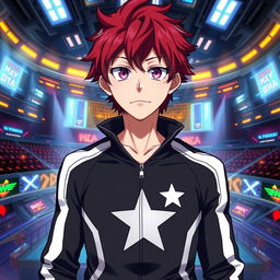 An artwork inspired by the MHA (My Hero Academia) art style featuring a male character with shaggy crimson hair and striking amethyst eyes