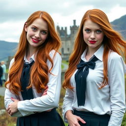 Two very beautiful identical vampire twin sisters, resembling Ashley Greene, with striking red hair and light blue eyes