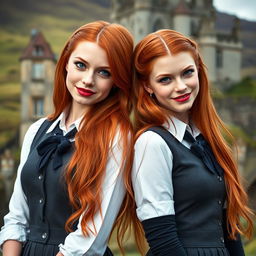 Two very beautiful identical vampire twin sisters, resembling Ashley Greene, with striking red hair and light blue eyes