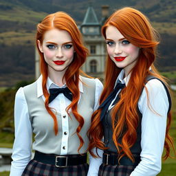 Two very beautiful identical vampire twin sisters, resembling Ashley Greene, with striking red hair and light blue eyes