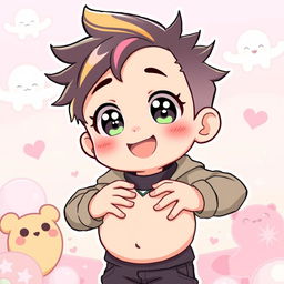 A cute anime illustration of a boy character with a joyful expression, depicted in a playful and whimsical style, showcasing him in a fantasy setting