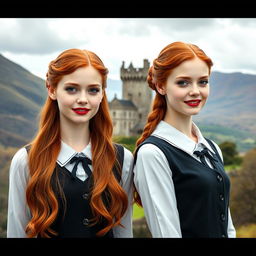 Two very beautiful identical vampire twin sisters, resembling Audrey Hepburn, with radiant red hair and light blue eyes