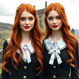 Two very beautiful identical vampire twin sisters, resembling Audrey Hepburn, with radiant red hair and light blue eyes