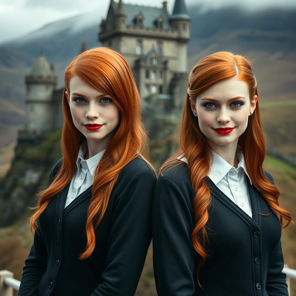Two very beautiful identical vampire twin sisters, resembling Audrey Hepburn, with radiant red hair and light blue eyes