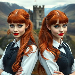 Two very beautiful identical vampire twin sisters, resembling Audrey Hepburn, with radiant red hair and light blue eyes