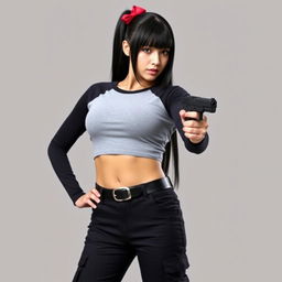 A powerful woman with long black hair styled with a vibrant red bow at the back stands assertively