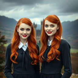 Two very beautiful identical vampire twin sisters, resembling Audrey Hepburn, with radiant red hair and light blue eyes
