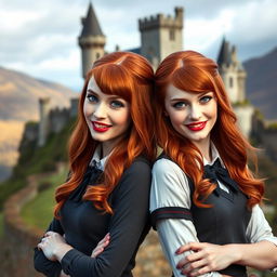 Two very beautiful identical vampire twin sisters, resembling Audrey Hepburn, with radiant red hair and light blue eyes