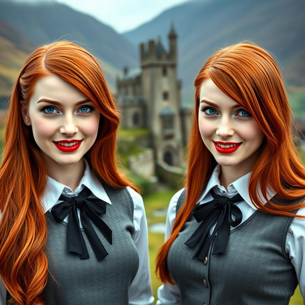 Two very beautiful identical vampire twin sisters, resembling Audrey Hepburn, with radiant red hair and light blue eyes