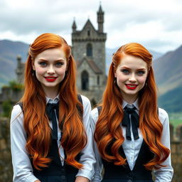 Two very beautiful identical vampire twin sisters, resembling Audrey Hepburn, with radiant red hair and light blue eyes