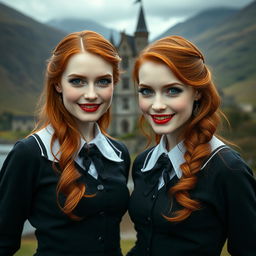 Two very beautiful identical vampire twin sisters, resembling Audrey Hepburn, with radiant red hair and captivating light blue eyes