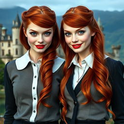 Two very beautiful identical vampire twin sisters, resembling Audrey Hepburn, with radiant red hair and captivating light blue eyes