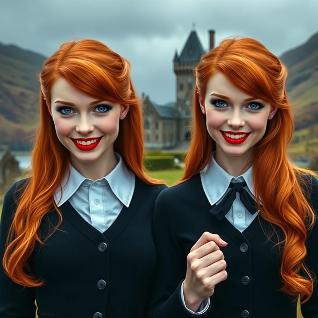 Two very beautiful identical vampire twin sisters, resembling Audrey Hepburn, with radiant red hair and captivating light blue eyes