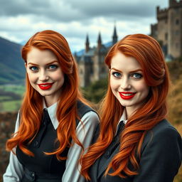 Two very beautiful identical vampire twin sisters, resembling Audrey Hepburn, with radiant red hair and captivating light blue eyes