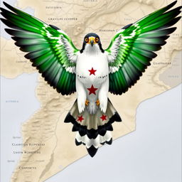A majestic falcon spreading its wings wide, showcasing its striking color scheme: vibrant green on the top, pristine white in the middle, and deep black on the bottom