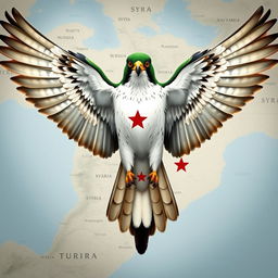 A majestic falcon spreading its wings wide, showcasing its striking color scheme: vibrant green on the top, pristine white in the middle, and deep black on the bottom