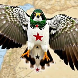A majestic falcon spreading its wings wide, showcasing its striking color scheme: vibrant green on the top, pristine white in the middle, and deep black on the bottom