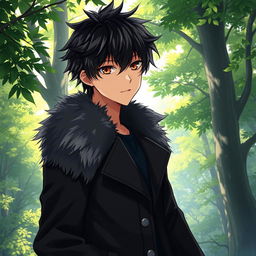 An artwork in anime art style featuring a male character with shaggy black hair and captivating hazel eyes
