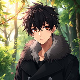 An artwork in anime art style featuring a male character with shaggy black hair and captivating hazel eyes