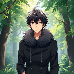 An artwork in anime art style featuring a male character with shaggy black hair and captivating hazel eyes