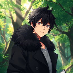 An artwork in anime art style featuring a male character with shaggy black hair and captivating hazel eyes