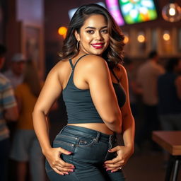 A stunning Latina woman with a curvy figure and an attractive big booty confidently poses in a stylish crop top tank top that accentuates her waist