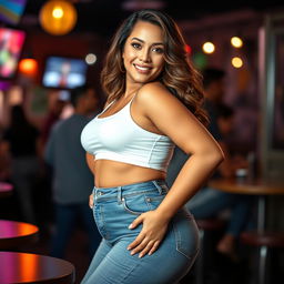 A stunning Latina woman with a curvy figure and an attractive big booty confidently poses in a stylish crop top tank top that accentuates her waist