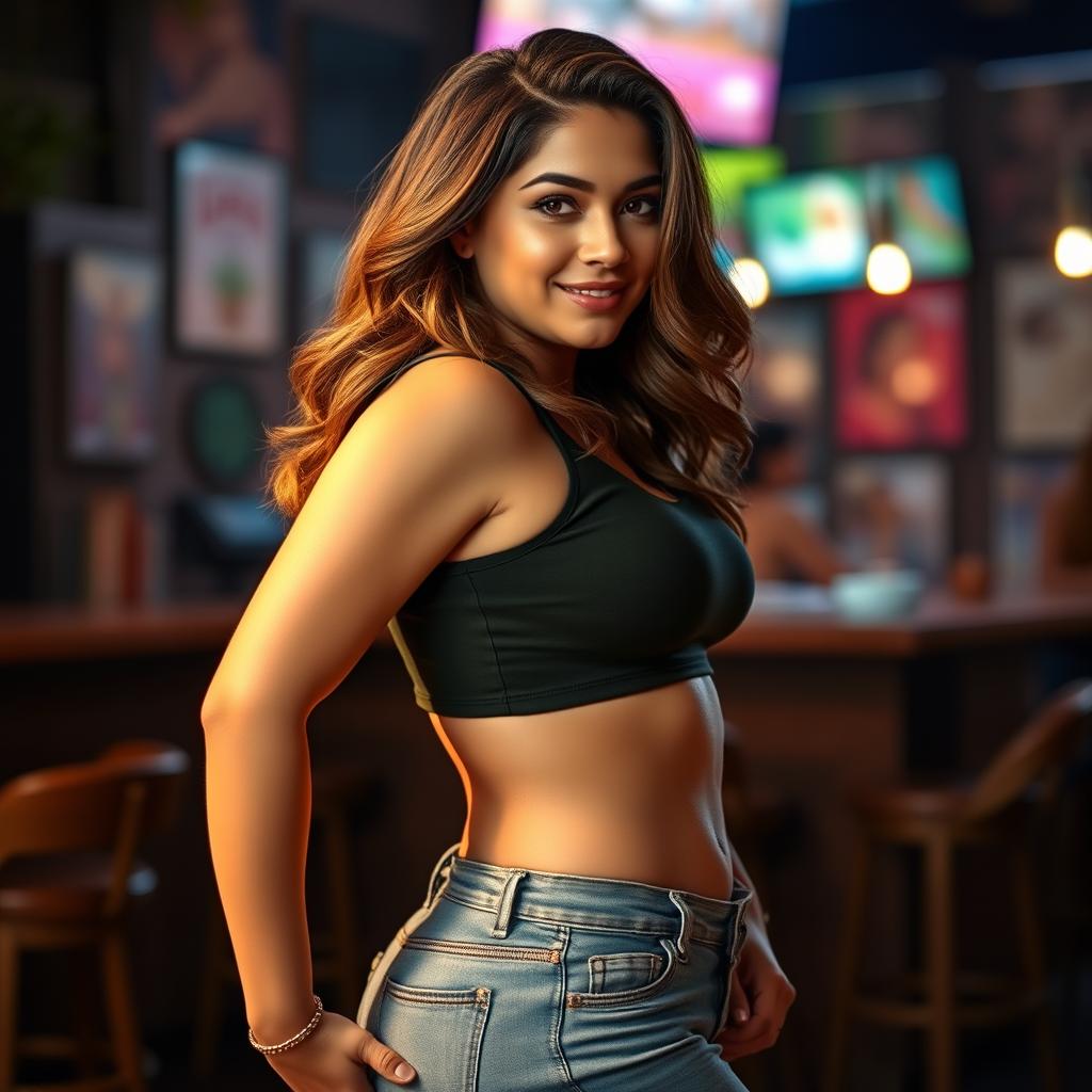 A stunning Latina woman with a curvy figure and an attractive big booty confidently poses in a stylish crop top tank top that accentuates her waist
