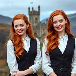 Two very beautiful identical vampire twin sisters, resembling Audrey Hepburn, with radiant red hair and light blue eyes