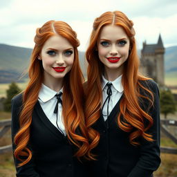 Two very beautiful identical vampire twin sisters, resembling Audrey Hepburn, with radiant red hair and light blue eyes