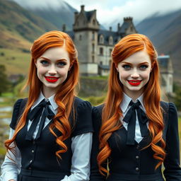 Two very beautiful identical vampire twin sisters, resembling Audrey Hepburn, with radiant red hair and light blue eyes
