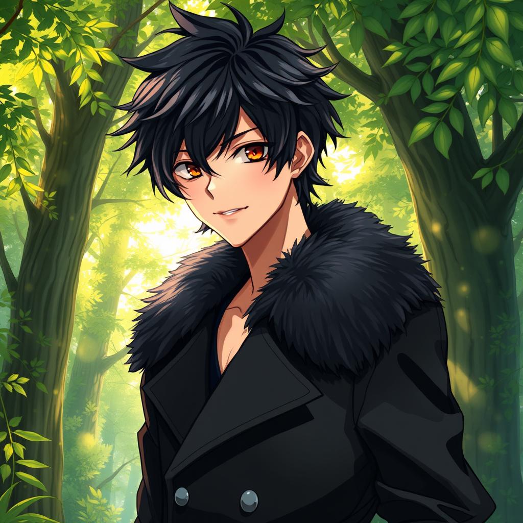 An artwork in anime art style featuring a male character with shaggy black hair and alluring hazel eyes, dressed in a stylish black coat that has a luxurious furred collar