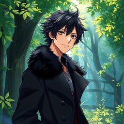 An artwork in anime art style featuring a male character with shaggy black hair and alluring hazel eyes, dressed in a stylish black coat that has a luxurious furred collar