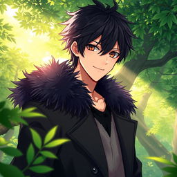 An artwork in anime art style featuring a male character with shaggy black hair and alluring hazel eyes, dressed in a stylish black coat that has a luxurious furred collar