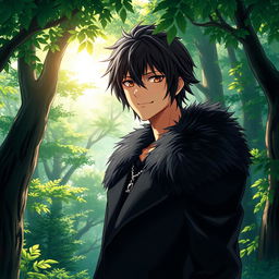 An artwork in anime art style featuring a male character with shaggy black hair and alluring hazel eyes, dressed in a stylish black coat that has a luxurious furred collar