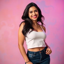 A beautiful Latina woman confidently poses in a stylish crop top tank top that highlights her figure