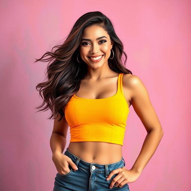 A beautiful Latina woman confidently poses in a stylish crop top tank top that highlights her figure